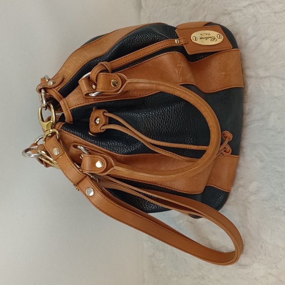 Cristina Italy real leather drawstring bucket bag with strap Black Brown